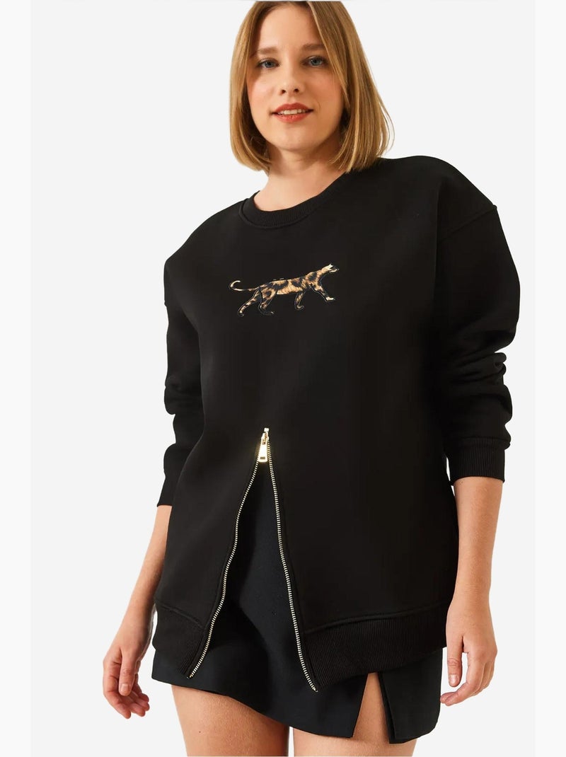 Blusa de moletom com padrão leopardo e fecho frontal escovado de três fios lucci Preto - Kiabi