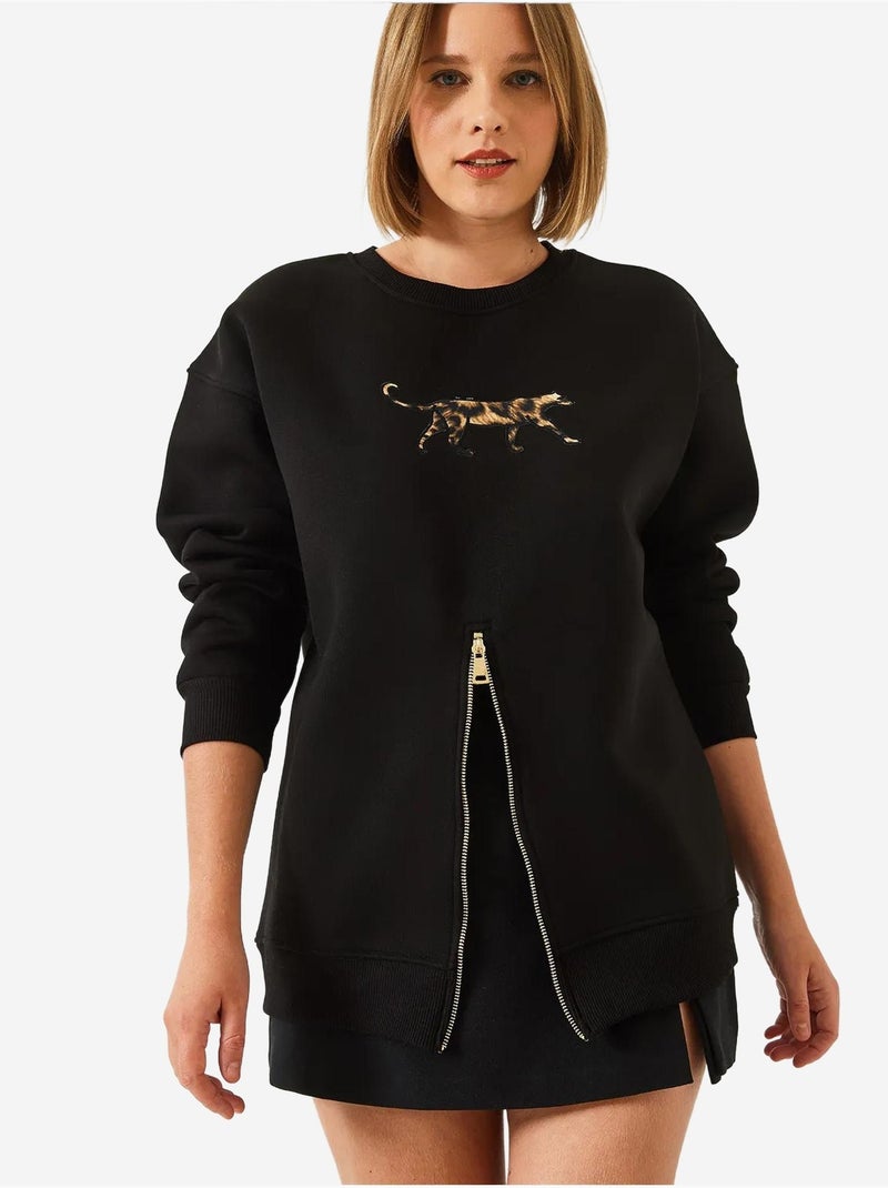 Blusa de moletom com padrão leopardo e fecho frontal escovado de três fios lucci Preto - Kiabi