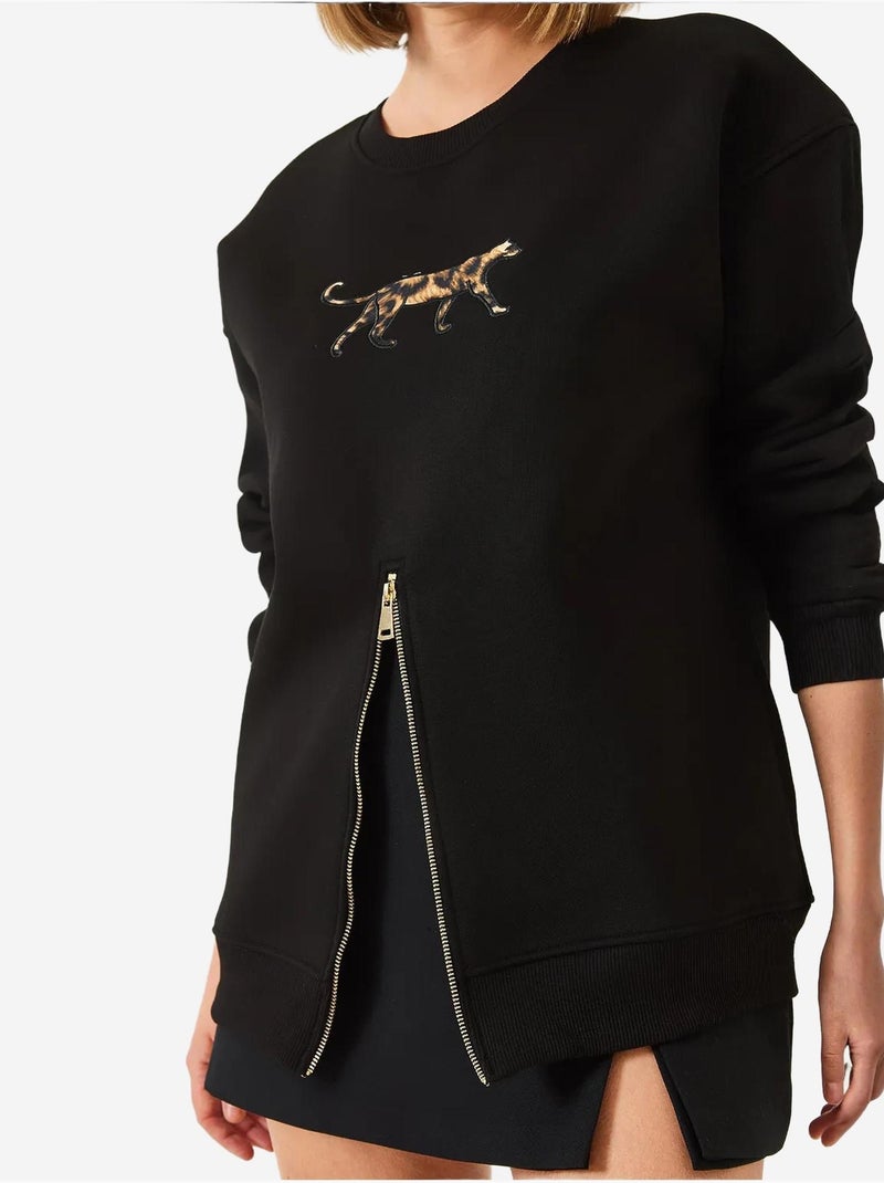 Blusa de moletom com padrão leopardo e fecho frontal escovado de três fios lucci Preto - Kiabi