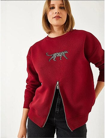 Blusa de moletom com padrão leopardo e fecho frontal escovado de três fios lucci