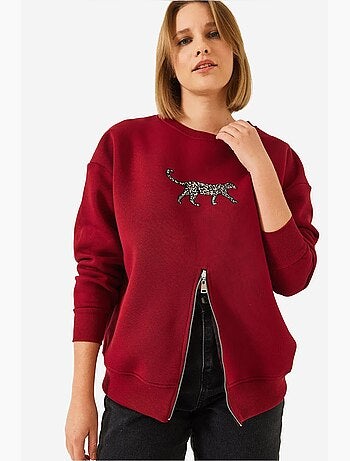 Blusa de moletom com padrão leopardo e fecho frontal escovado de três fios lucci
