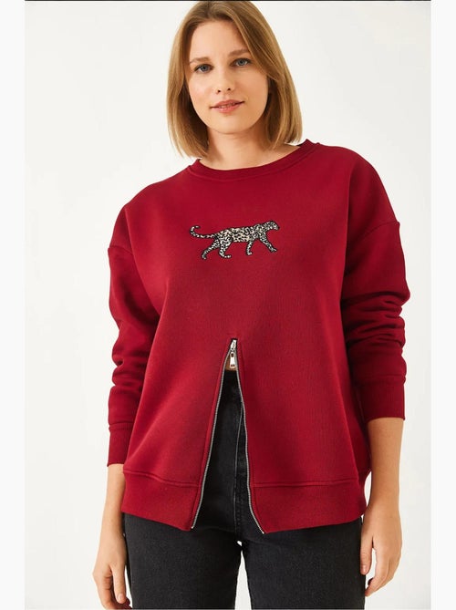 Blusa de moletom com padrão leopardo e fecho frontal escovado de três fios lucci - Kiabi