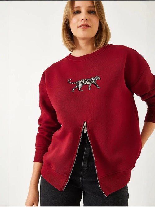 Blusa de moletom com padrão leopardo e fecho frontal escovado de três fios lucci - Kiabi