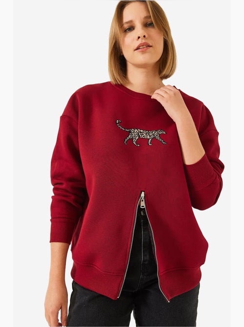Blusa de moletom com padrão leopardo e fecho frontal escovado de três fios lucci - Kiabi