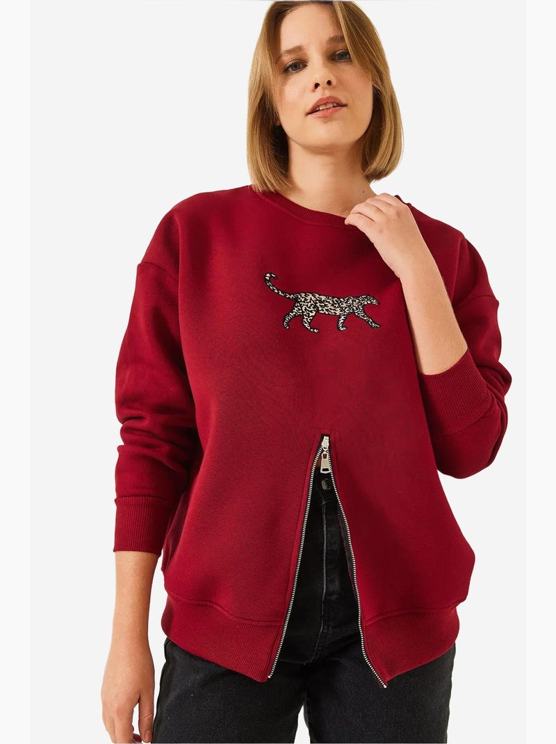 Blusa de moletom com padrão leopardo e fecho frontal escovado de três fios lucci Vermelho bordô - Kiabi