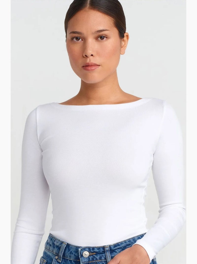 Blusa de mulher slim fit com decote barco e manga comprida dilvin Branco - Kiabi
