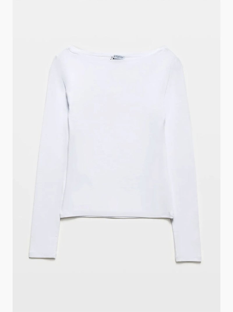 Blusa de mulher slim fit com decote barco e manga comprida dilvin Branco - Kiabi