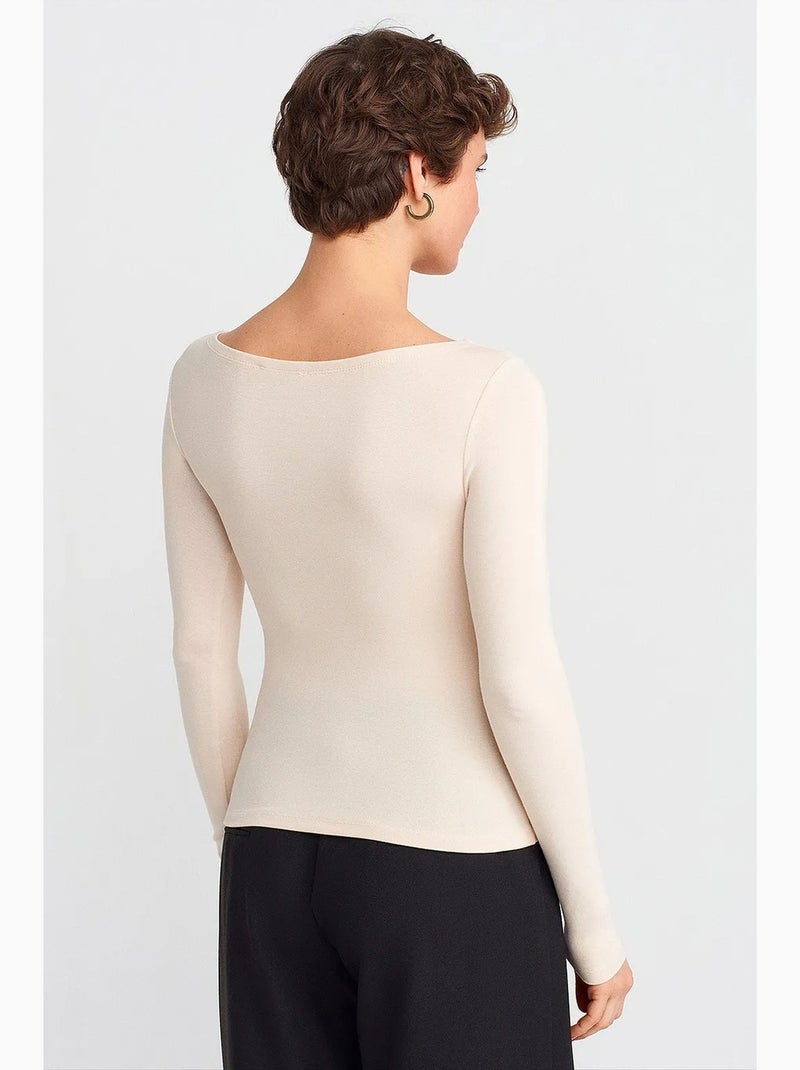 Blusa de mulher slim fit com decote barco e manga comprida dilvin Creme - Kiabi