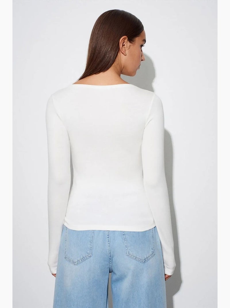 Blusa de mulher slim fit com decote barco e manga comprida dilvin Ecru - Kiabi