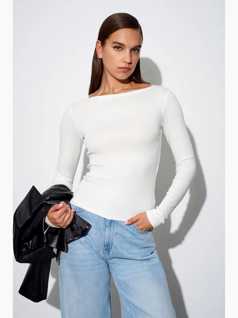 Blusa de mulher slim fit com decote barco e manga comprida dilvin Ecru - Kiabi