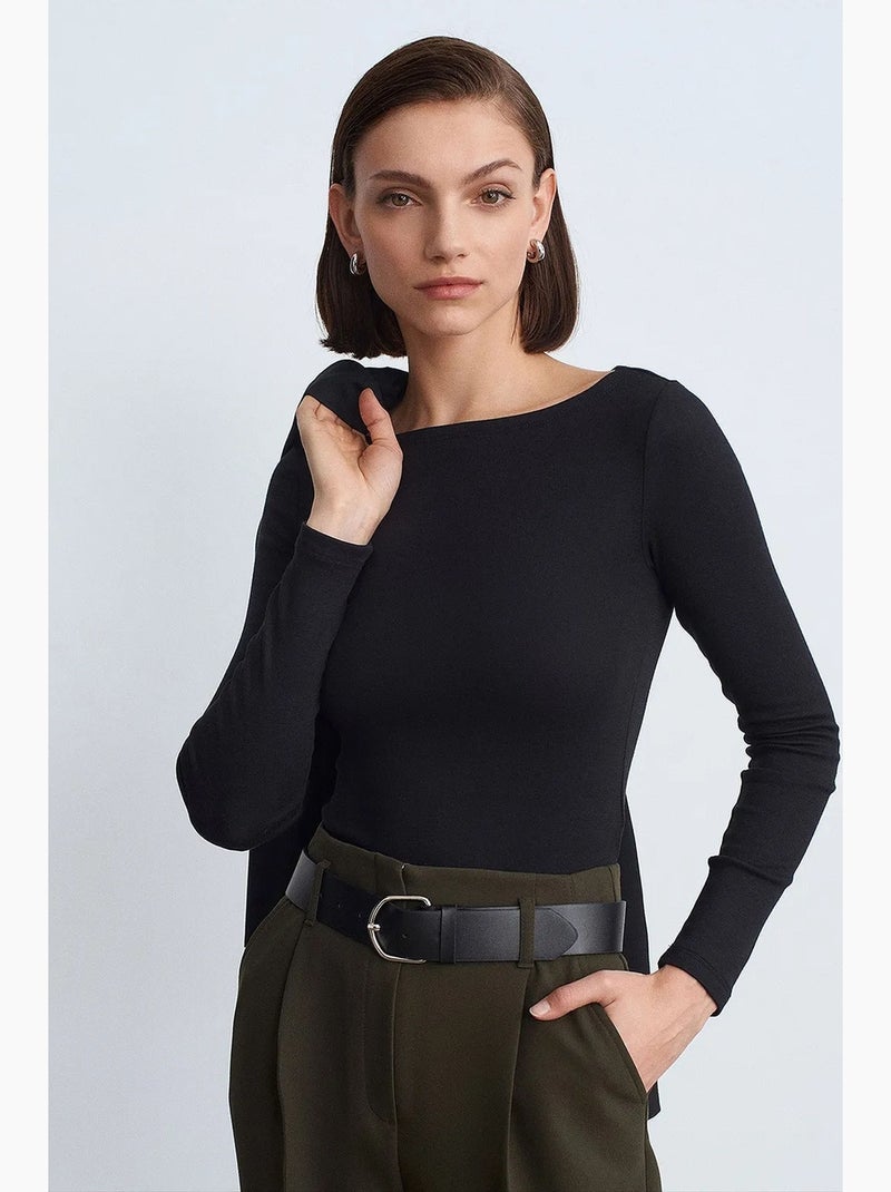 Blusa de mulher slim fit com decote barco e manga comprida dilvin Preto - Kiabi