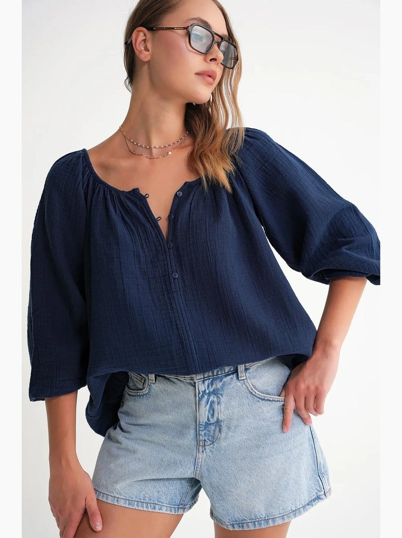 Blusa de musselina com botões mixray Azul-marinho - Kiabi