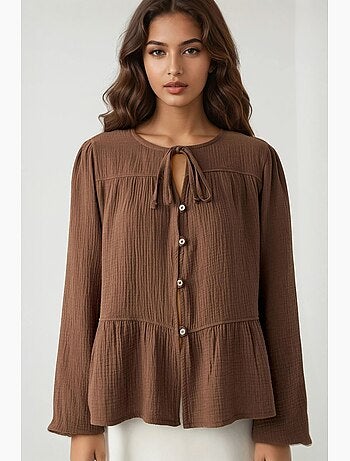 Blusa de musselina tecida com decote redondo e manga comprida hiccup
