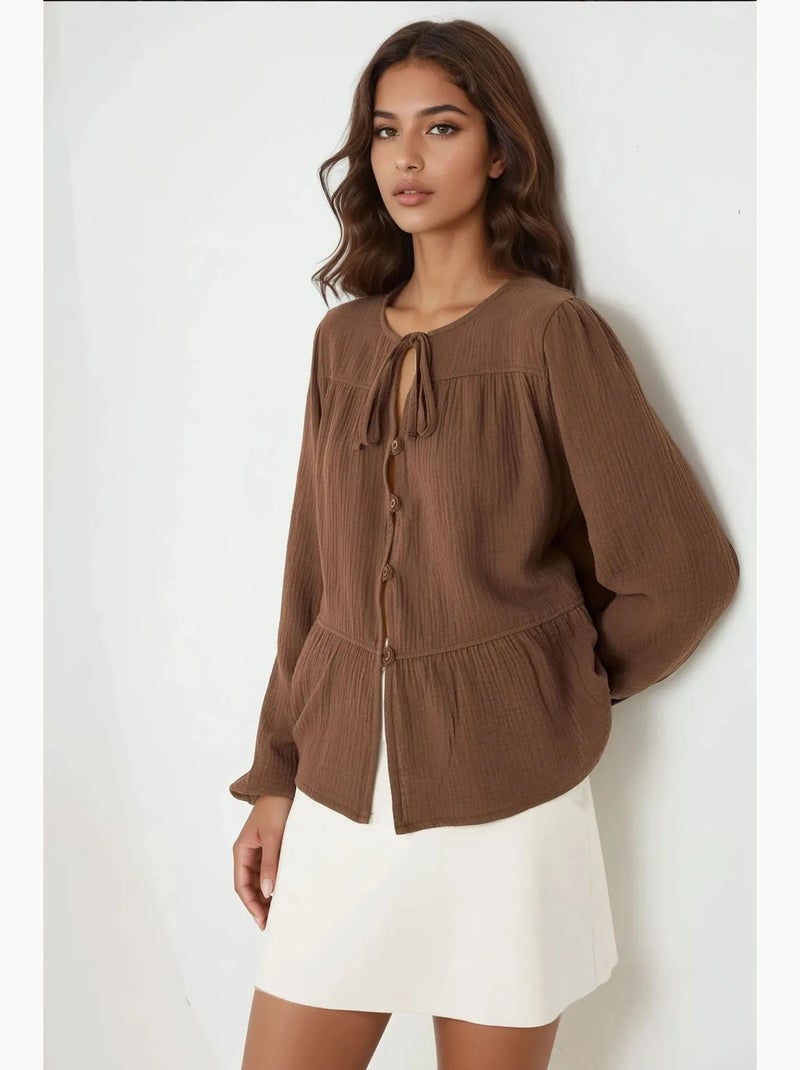 Blusa de musselina tecida com decote redondo e manga comprida hiccup Castanho-claro - Kiabi