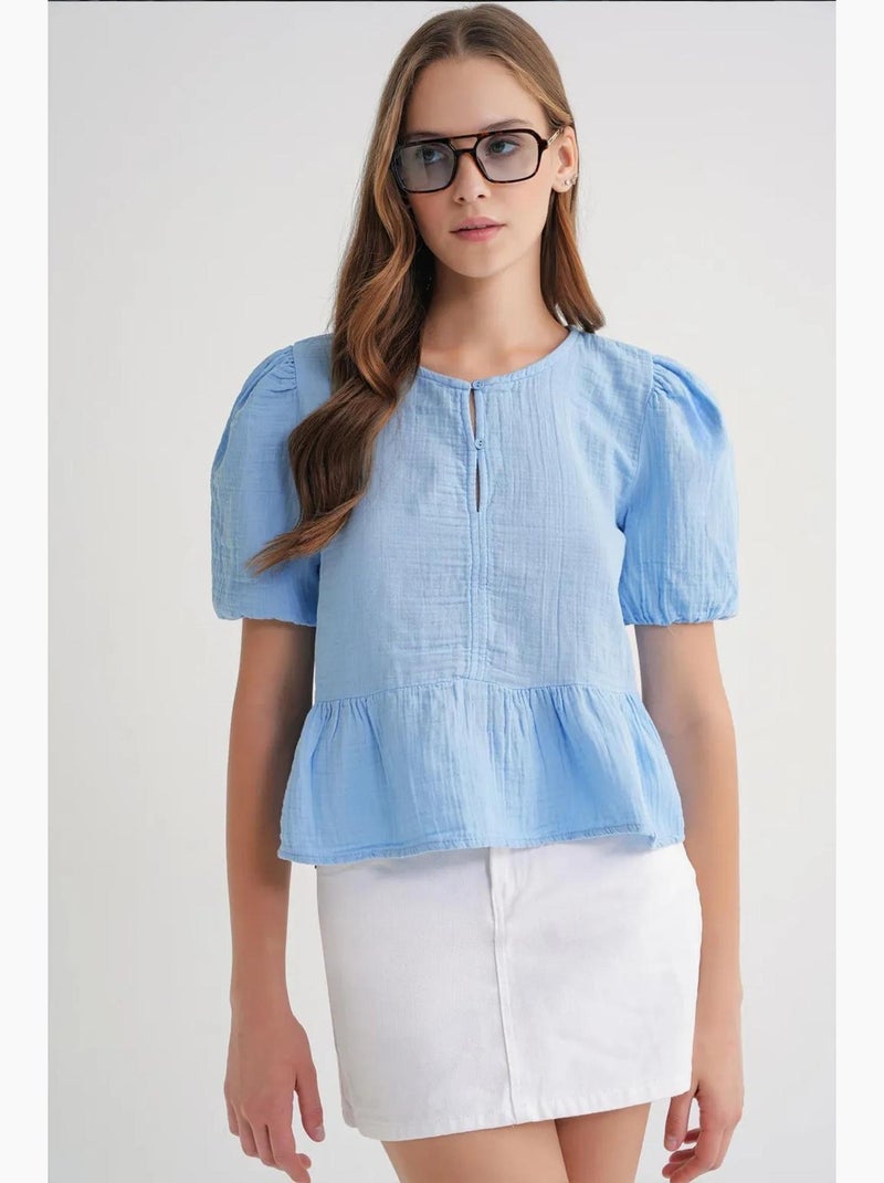 Blusa de musselina texturizada com decote redondo e botões mixray Azul-céu - Kiabi