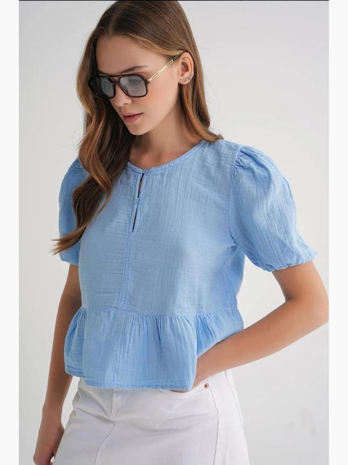 Blusa de musselina texturizada com decote redondo e botões mixray - Kiabi