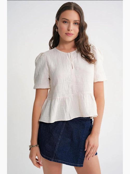 Blusa de musselina texturizada com decote redondo e botões mixray - Kiabi