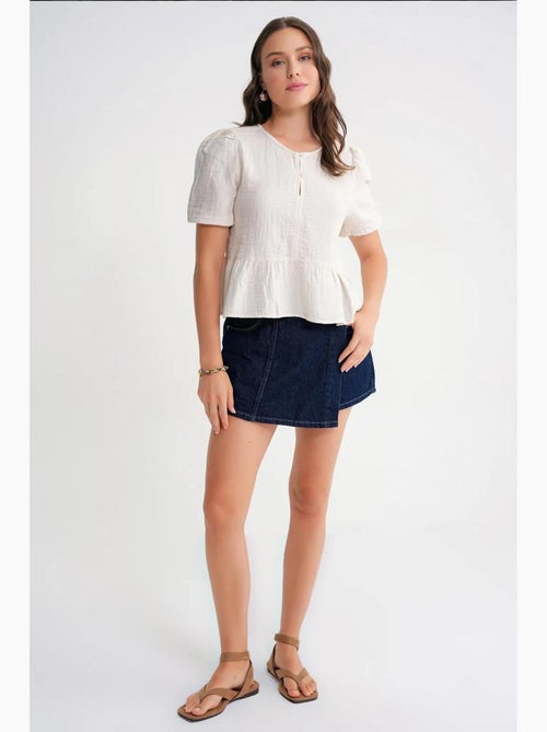 Blusa de musselina texturizada com decote redondo e botões mixray - Kiabi