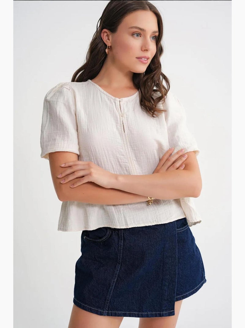 Blusa de musselina texturizada com decote redondo e botões mixray Bege - Kiabi