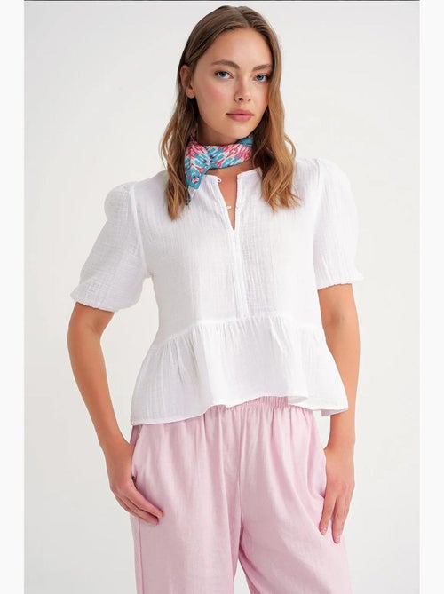 Blusa de musselina texturizada com decote redondo e botões mixray - Kiabi