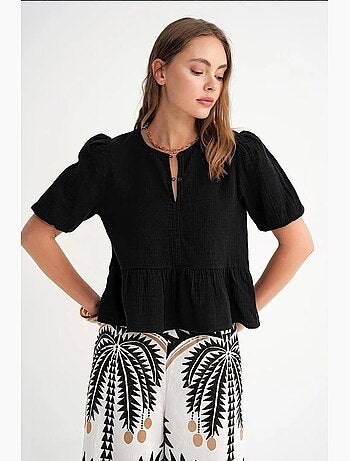 Blusa de musselina texturizada com decote redondo e botões mixray