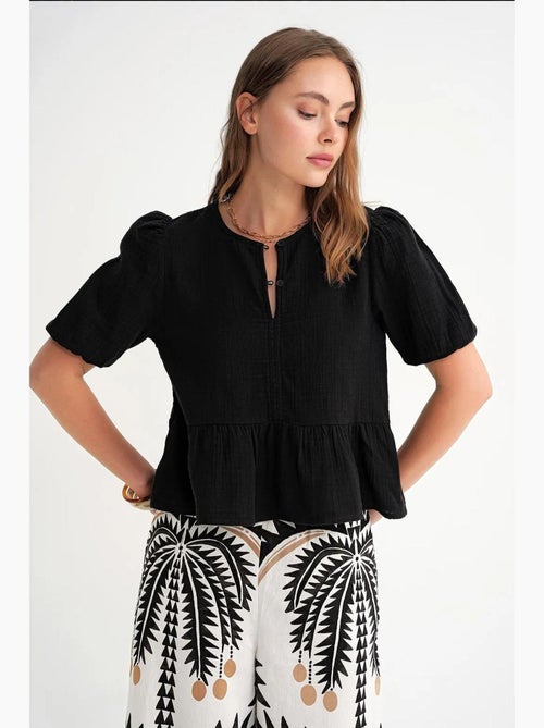 Blusa de musselina texturizada com decote redondo e botões mixray - Kiabi