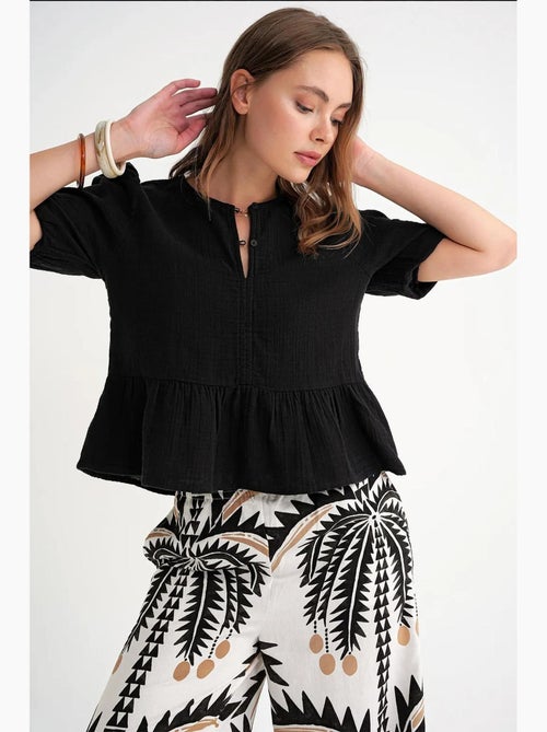 Blusa de musselina texturizada com decote redondo e botões mixray - Kiabi