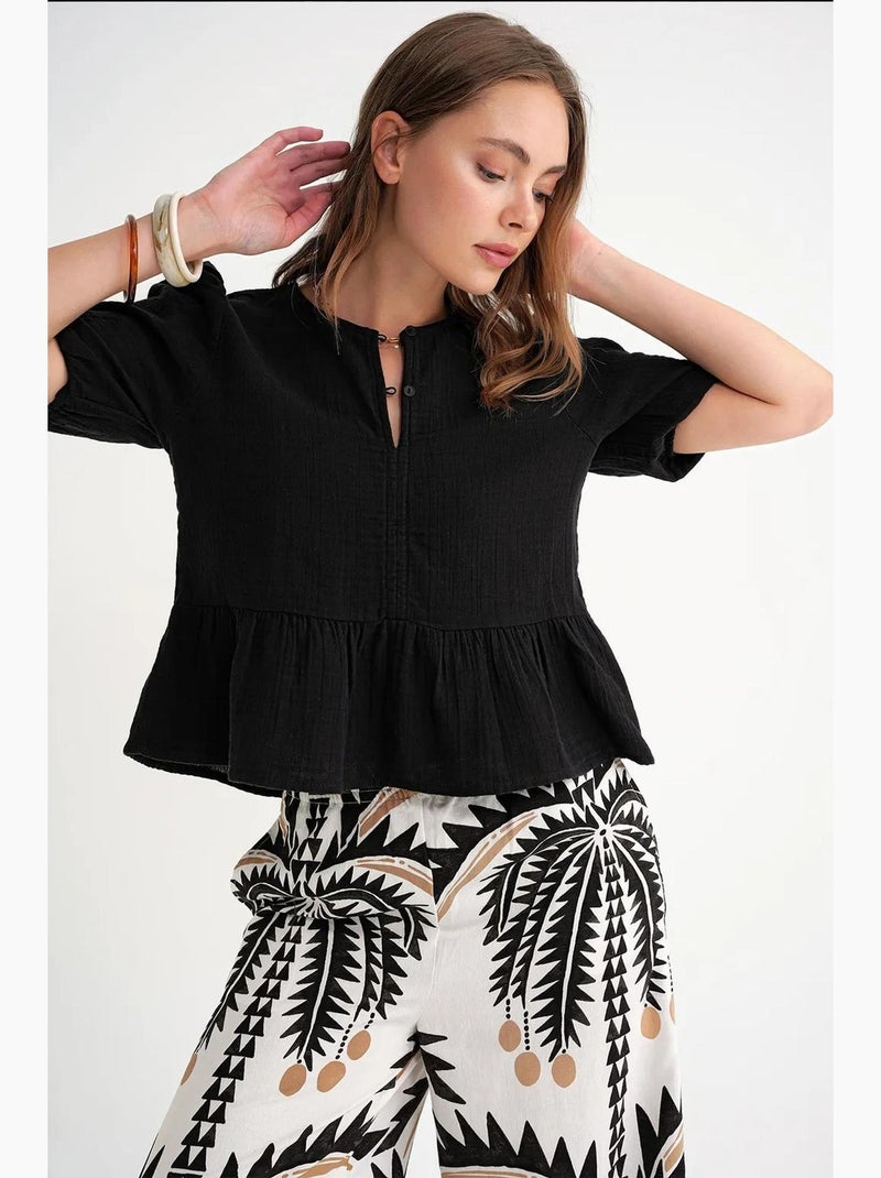 Blusa de musselina texturizada com decote redondo e botões mixray Preto - Kiabi