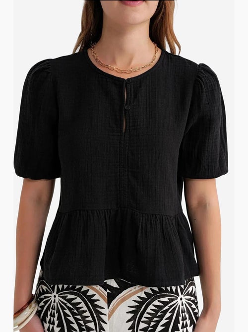 Blusa de musselina texturizada com decote redondo e botões mixray - Kiabi
