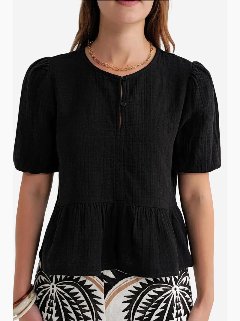 Blusa de musselina texturizada com decote redondo e botões mixray Preto - Kiabi