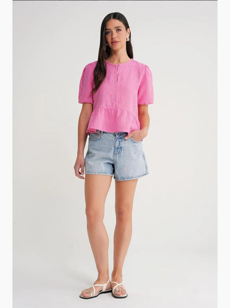 Blusa de musselina texturizada com decote redondo e botões mixray Rosa-fluo/Solinotes - Kiabi