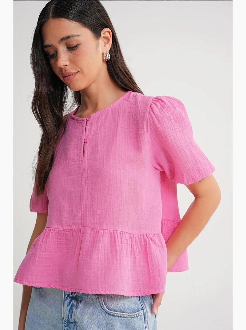 Blusa de musselina texturizada com decote redondo e botões mixray Rosa-fluo/Solinotes - Kiabi