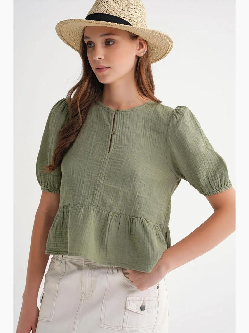 Blusa de musselina texturizada com decote redondo e botões mixray Verde cáqui - Kiabi