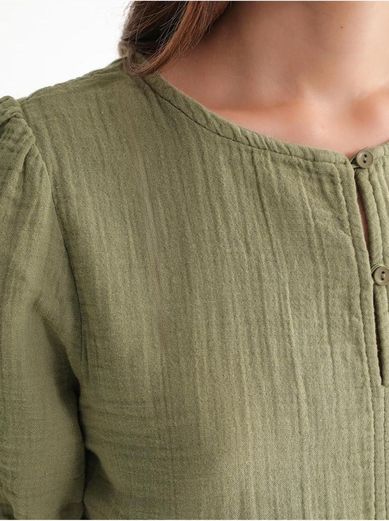 Blusa de musselina texturizada com decote redondo e botões mixray Verde cáqui - Kiabi