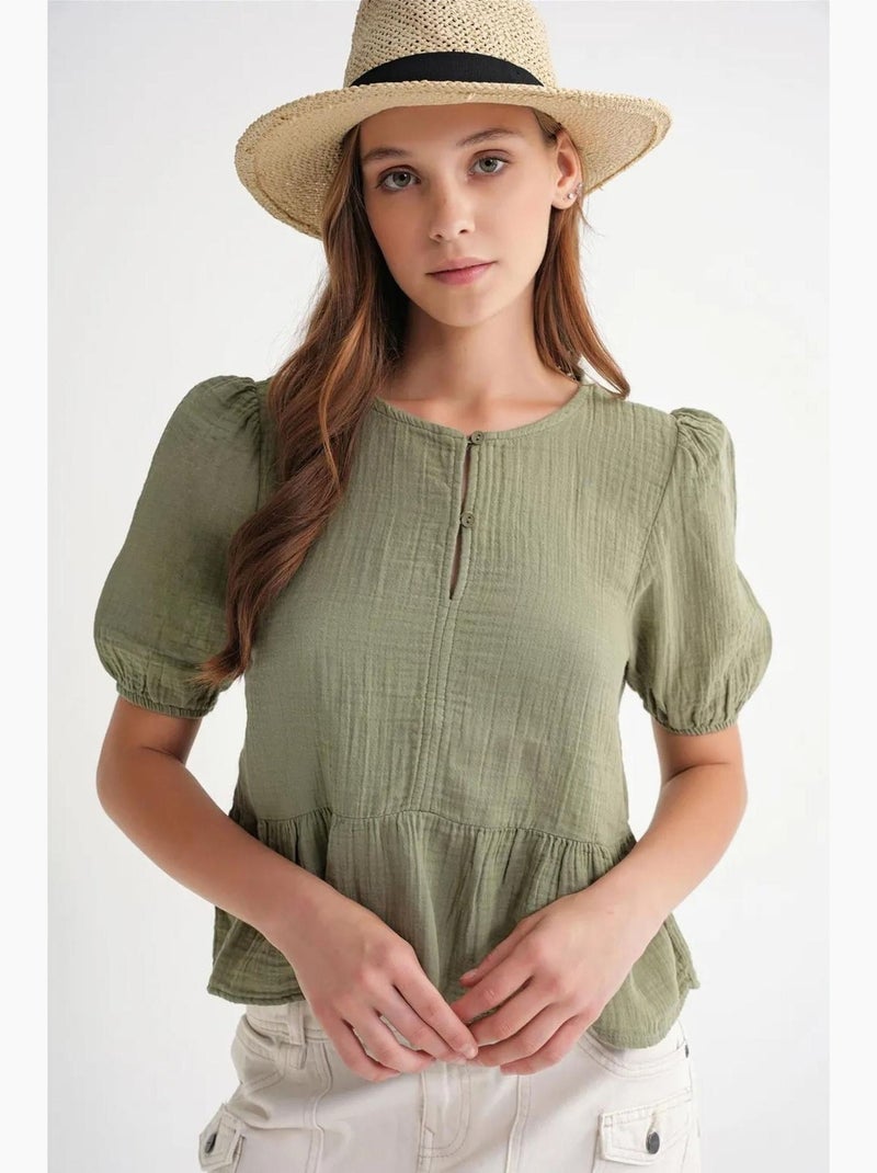 Blusa de musselina texturizada com decote redondo e botões mixray Verde cáqui - Kiabi