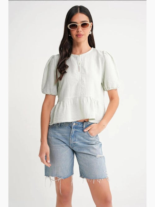 Blusa de musselina texturizada com decote redondo e botões mixray - Kiabi
