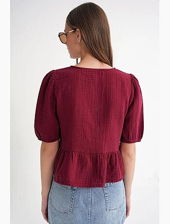 Blusa de musselina texturizada com decote redondo e botões mixray