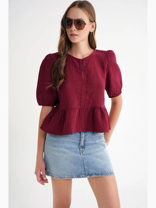 Blusa de musselina texturizada com decote redondo e botões mixray - Kiabi