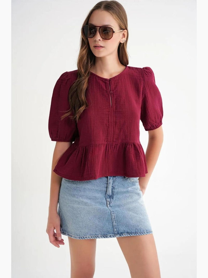 Blusa de musselina texturizada com decote redondo e botões mixray Vermelho bordô - Kiabi