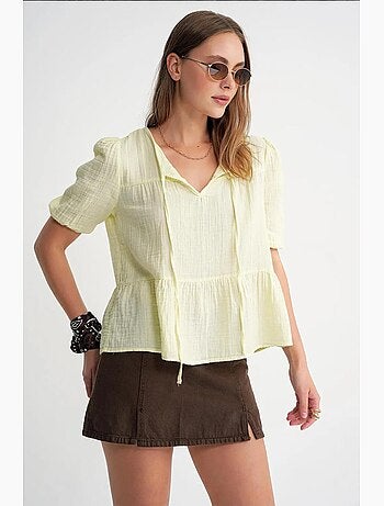 Blusa de musselina texturizada com decote redondo e viés mixray