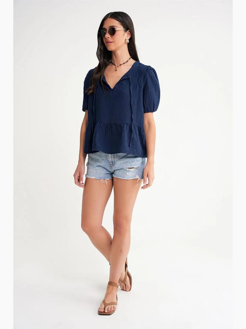 Blusa de musselina texturizada com decote redondo e viés mixray Azul-marinho - Kiabi