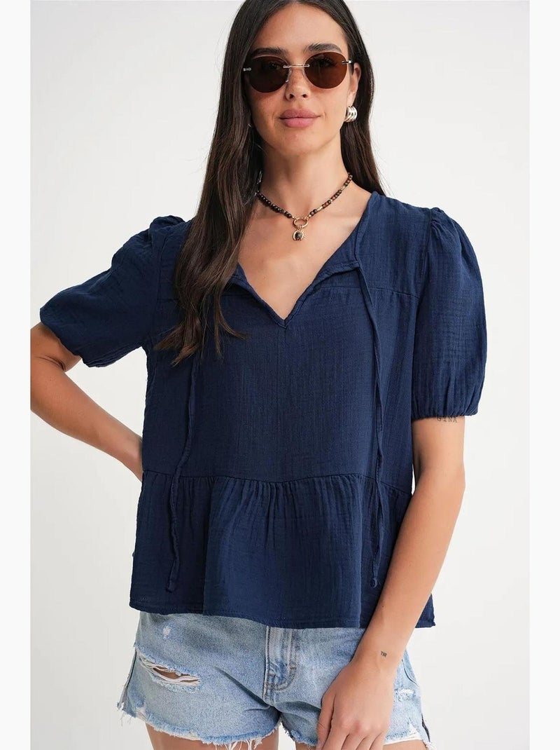 Blusa de musselina texturizada com decote redondo e viés mixray Azul-marinho - Kiabi