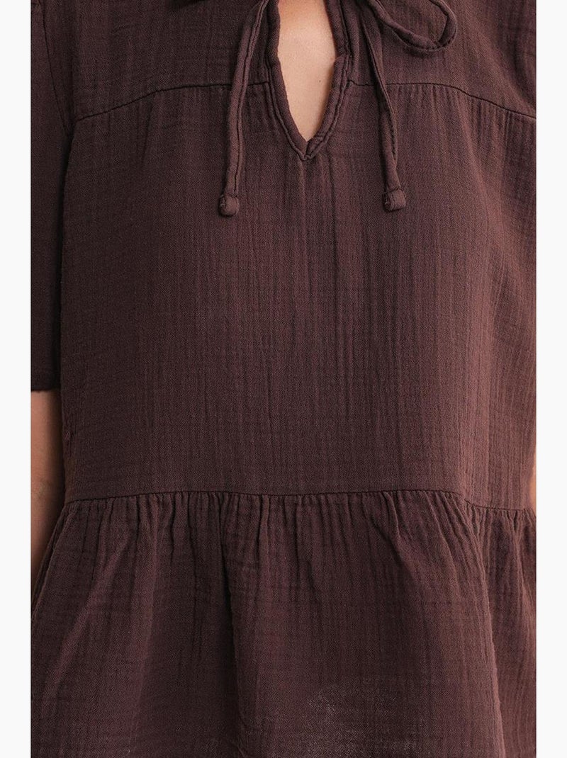 Blusa de musselina texturizada com decote redondo e viés mixray Castanho-escuro - Kiabi