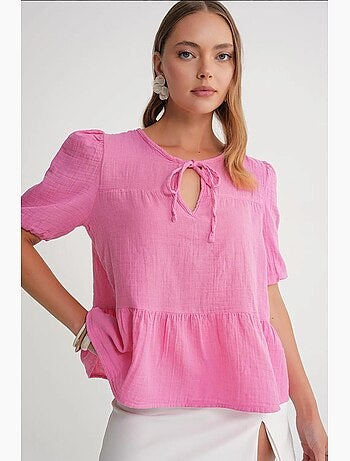 Blusa de musselina texturizada com decote redondo e viés mixray