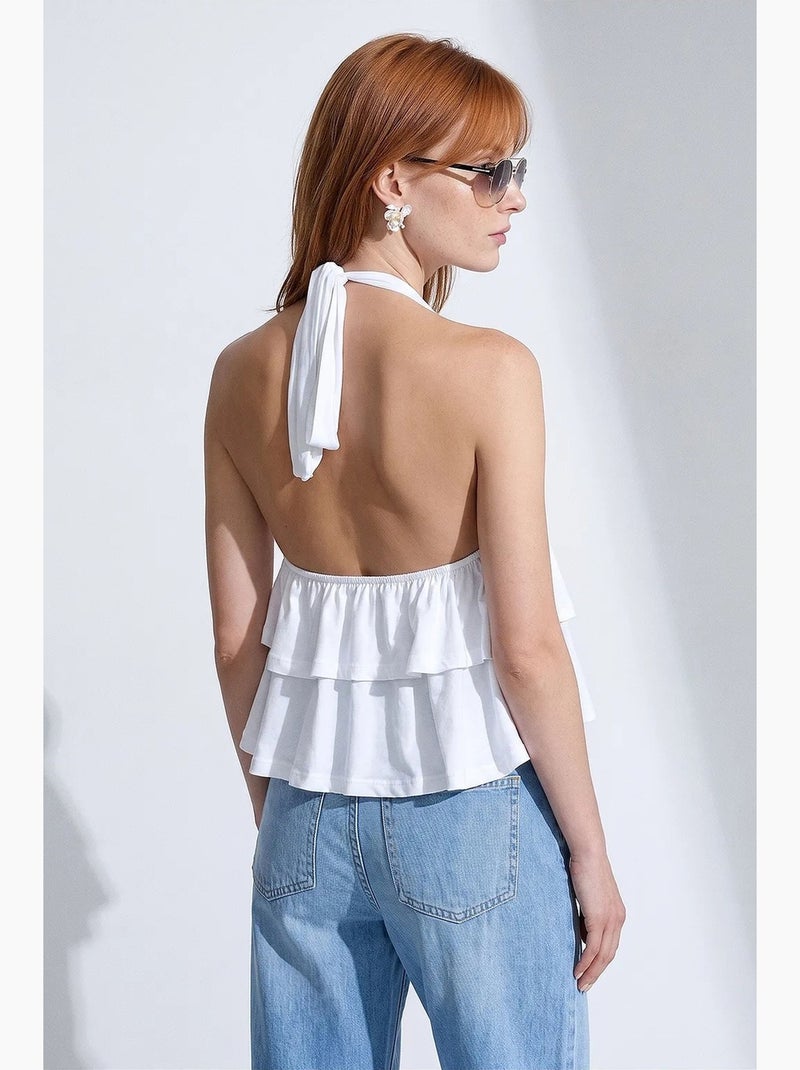 Blusa de popelina com decote halter e detalhe de folho dilvin Branco - Kiabi