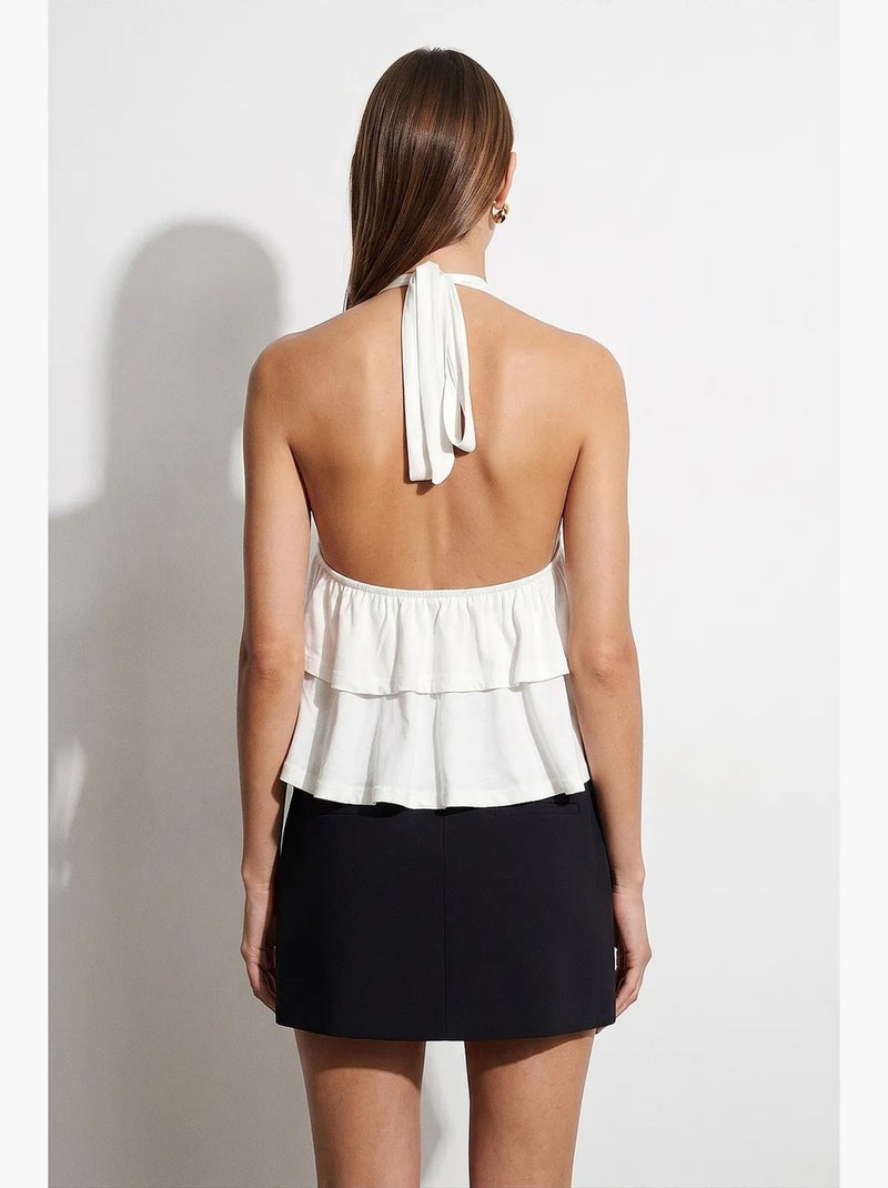 Blusa de popelina com decote halter e detalhe de folho dilvin Ecru - Kiabi