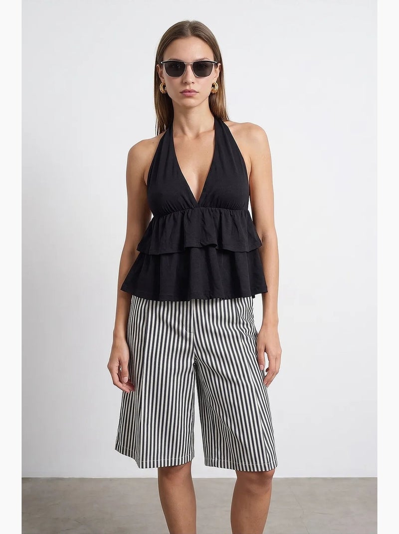 Blusa de popelina com decote halter e detalhe de folho dilvin Preto - Kiabi