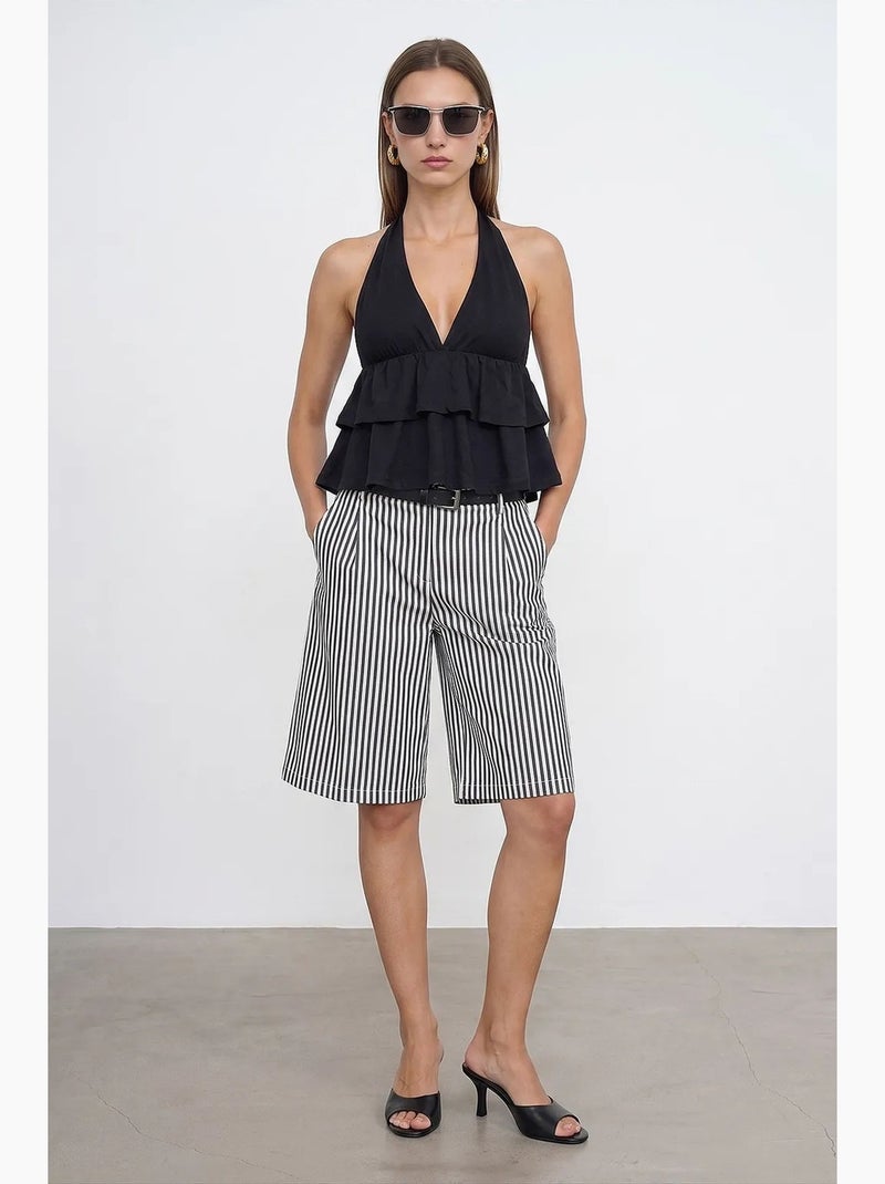 Blusa de popelina com decote halter e detalhe de folho dilvin Preto - Kiabi