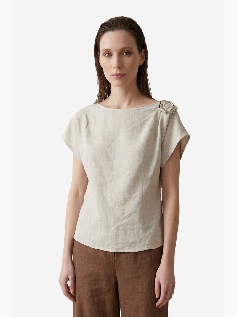 Blusa de popelina de algodão com decote barco e laço my fashion Bege-argila - Kiabi