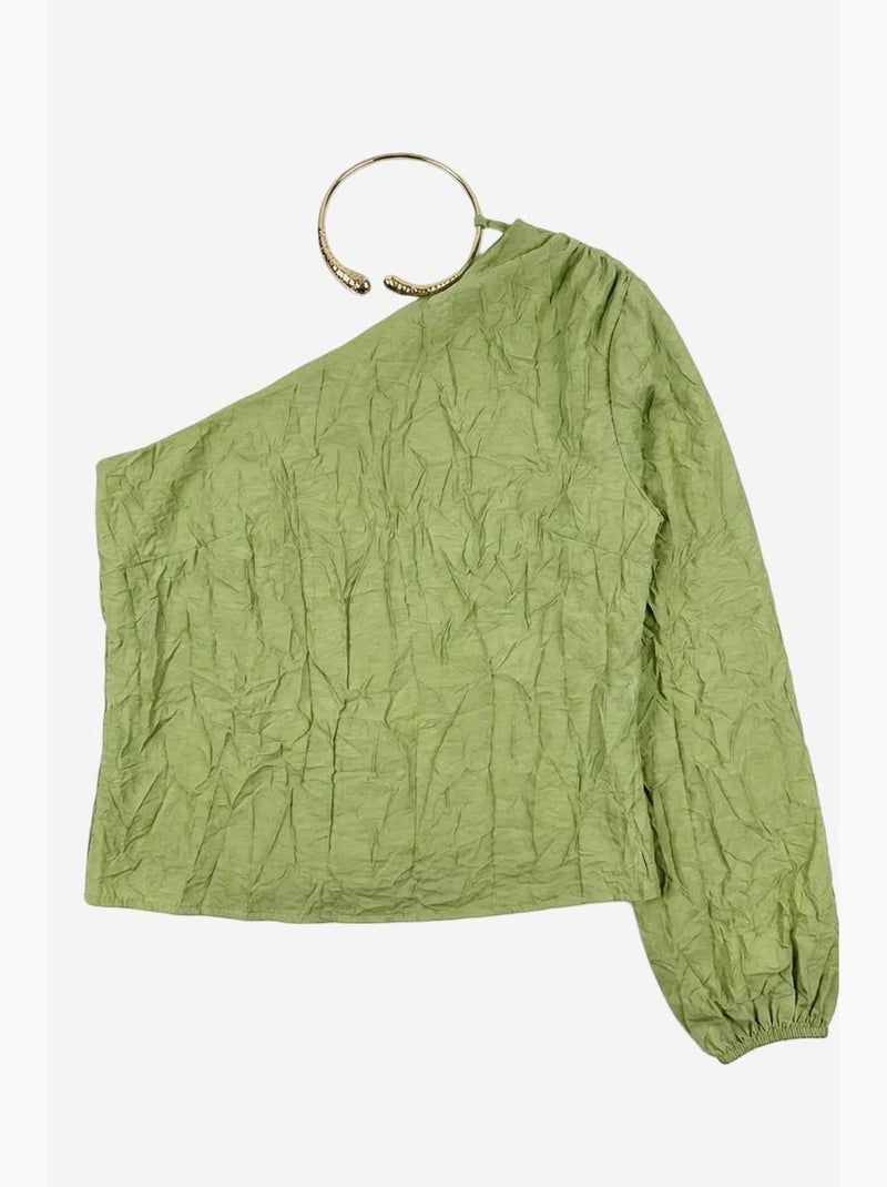 Blusa de popelina de algodão de um ombro só com recorte my fashion Verde pastel - Kiabi
